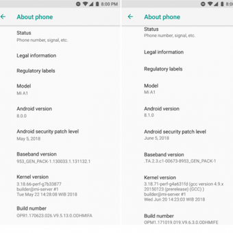Tangkapan layar perbandingan Android 8.0 (kiri) dan Android 8.1 (kanan) di Xiaomi Mi A1