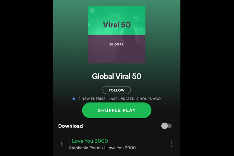 Lagu I Love You 3000 yang dinyanyikan Stephanie Poetri menduduki peringkat teratas di Global Viral 50 Spotify. 