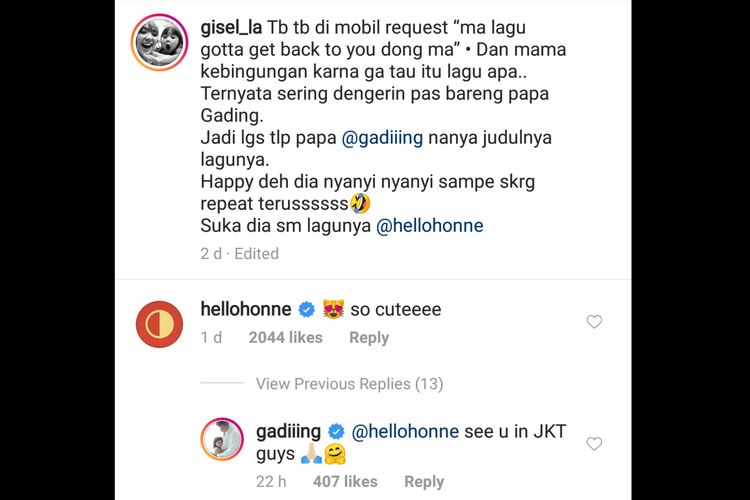 Duo musik elektronik HONNE, melalui akun Instagram @hellohonne memberikan komentar di unggahan video Gempi yang menyanyikan lagu mereka Location Unknown.