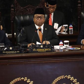 Ketua DPD Oesman Sapta Odang saat menyampaikan pidatonya dalam Sidang Bersama DPR-DPD di Kompleks Parlemen, Rabu (16/8/2017).