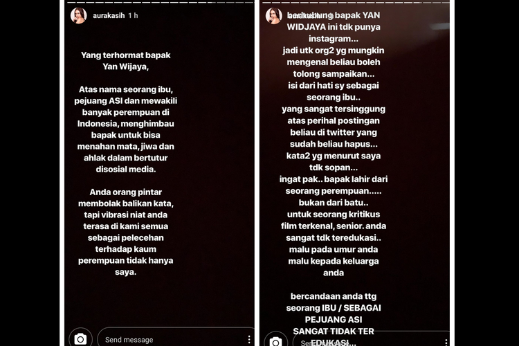 Penyanyi dan artis peran Aura Kasih menuliskan kekesalannya di Instagram Story, Kamis (22/8/2019).