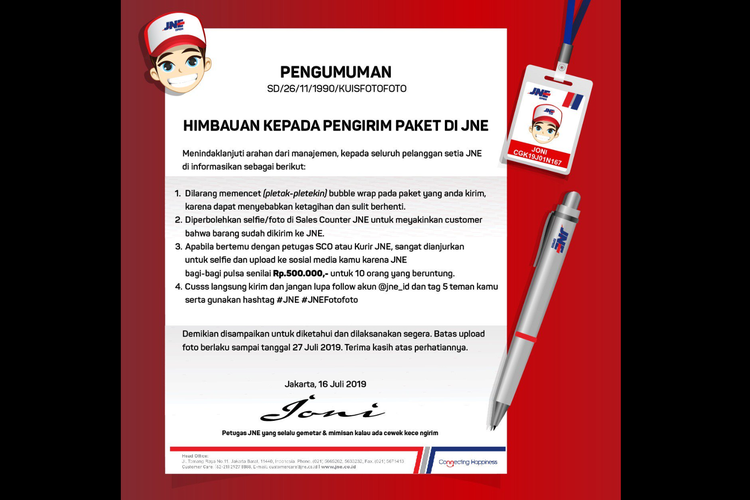 Surat edaran diunggah akun Instagram @jne_id.