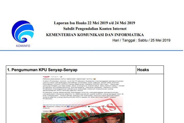 Laporan Hoaks Kominfo 22-24 Mei 2019
