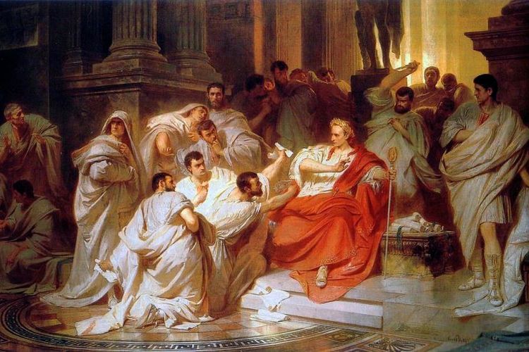 Pembunuhan Julius Caesar menurut interpretasi pelukis Jerman Karl Theodor von Piloty (1826-1886).