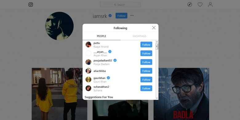 Bidik layar daftar following akun Instagram resmi Shah Rukh Khan.