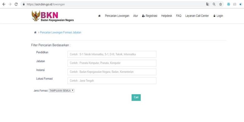 Tampilan menu pencarian lowongan pada portal SSCN