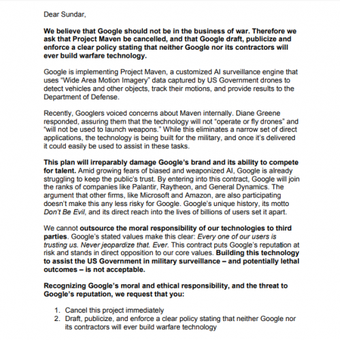 Surat protes dari pegawai Google untuk CEO Google, Sundar Pichai yang menuntuk dibatalkannya kerjasama pengnembangan teknologi AI dalam militer.