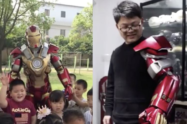 Bao Jianguo, seorang ayah di China ketika datang ke sekolah putrinya dengan kostum Iron Man.