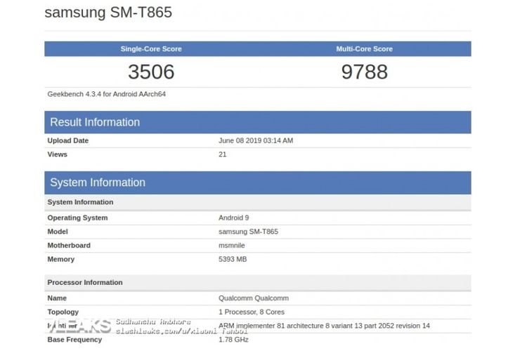 Bocoran spesifikasi Galaxy Tab S5 dengan nama SM-T865. Tampak menggunakan Snapdragon 855 dan dibekali RAM 6 GB.