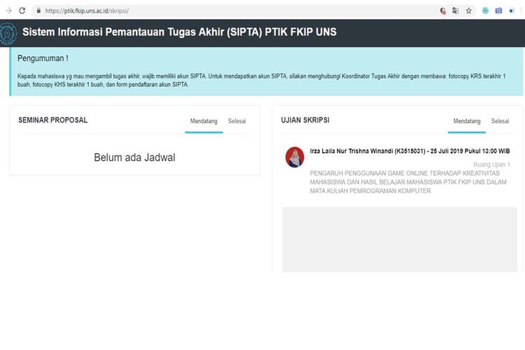 Tangkapan layar laman SIPTA PTIK FKIP UNS