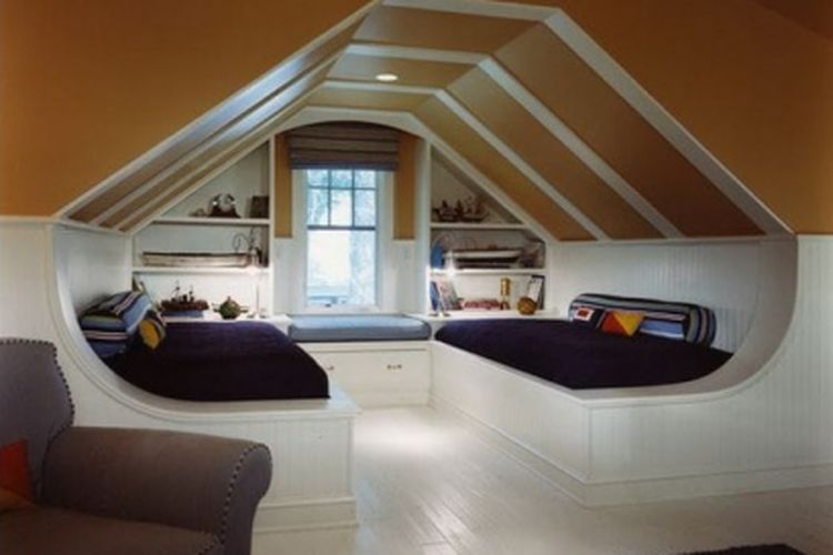 Tiga bunk bed di bawah atap.