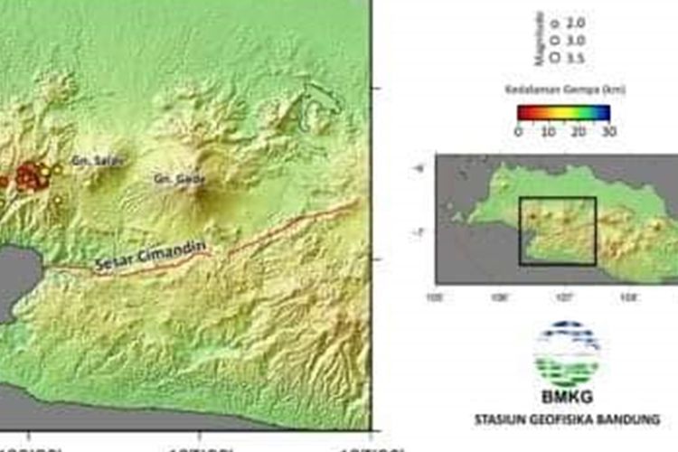 Peta gempa tektonik di darat yang terjadi di Sukabumi, Jawa Barat selama periode 10 hingga 21 Agustus 2019.