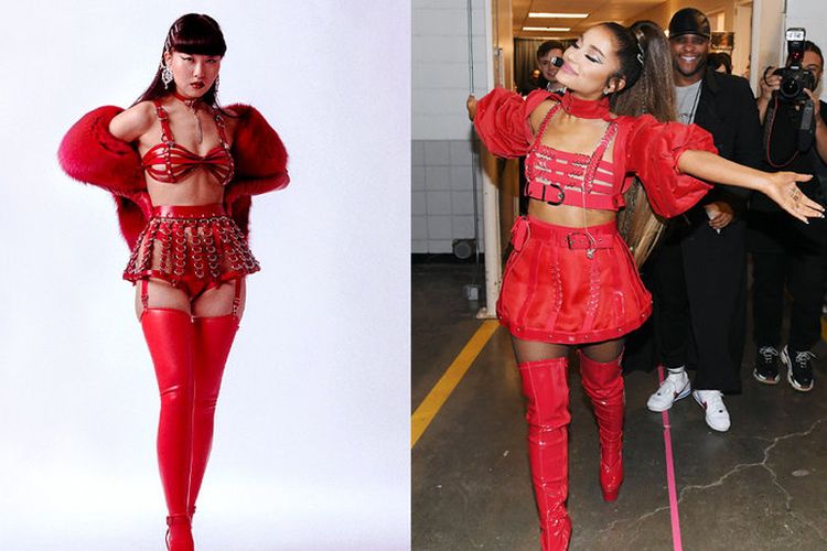 Busana karya Yeha Leung (kiri) dan kostum konser Ariana Grande (kanan) yang dianggap memiliki banyak kesamaan.