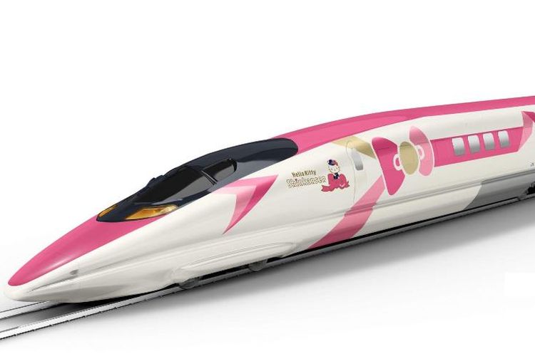 Desain shinkansen Hello Kitty akan menampilkan pita berwarna merah muda pada badan gerbong kereta.