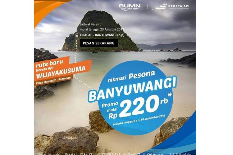 Promo tiket dari PT Kereta Api Indonesia (KAI) rute Cilacap-Banyuwangi.