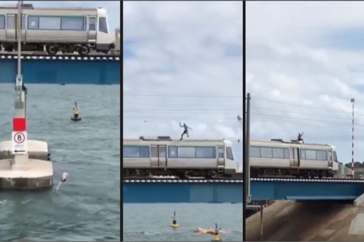 Seorang pria di Australia nekat melakukan aksi berbahaya dengan melompat ke sungai dari atas sebuah kereta api yang sedang melaju.