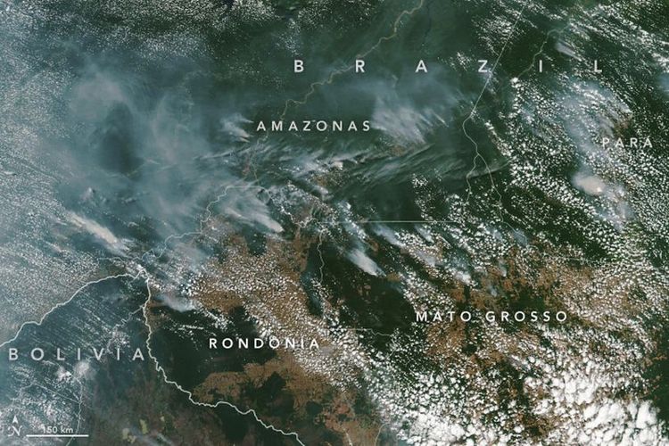 Seperti inilah citra satelit yang diperoleh Badan Antariksa Amerika Serikat (NASA), yang memperlihatkan kepulan asap di hutan hujan tropis Amazon akibat kebakaran pada pertengahan Agustus ini.