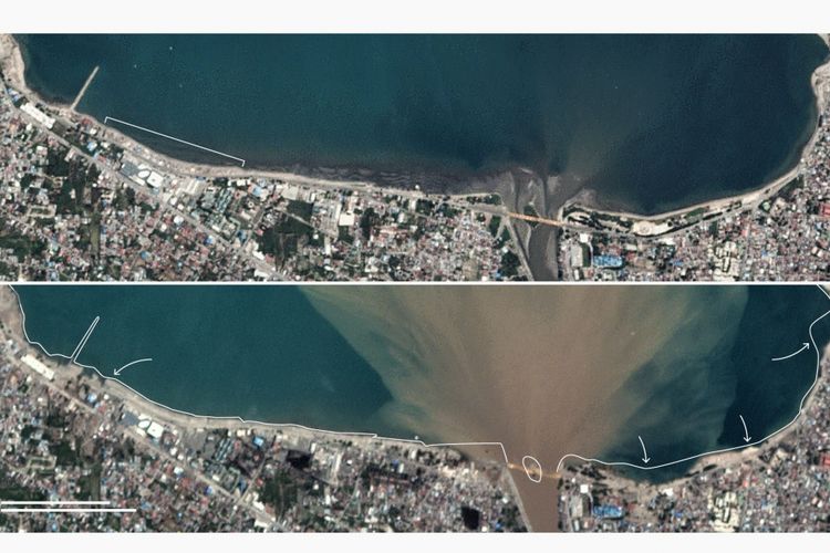 Perbandingan garis pantai di Palu sebelum dan sesuah gempa Donggala