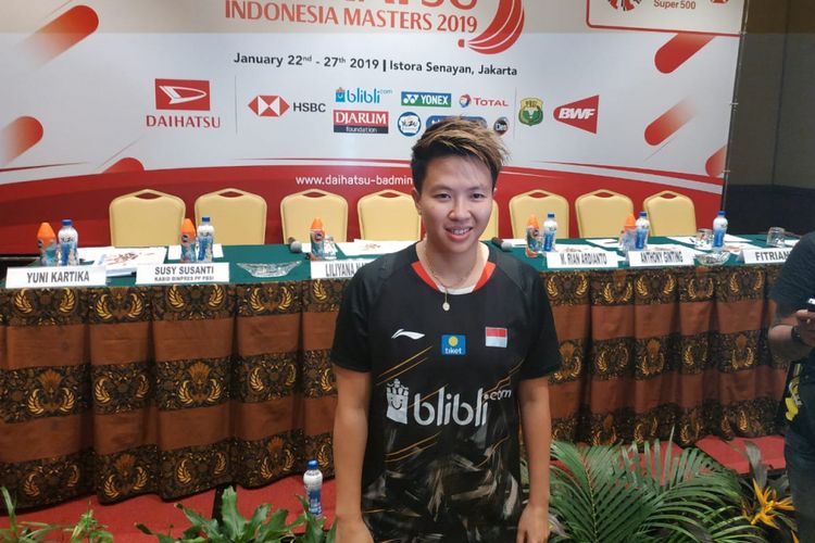 Pebulu tangkis ganda campuran Indonesia, Liliyana Natsir, menghadiri konferensi pers Indonesia Masters 2019 di Hotel Sultan, Jakarta, Senin (21/1/2019).