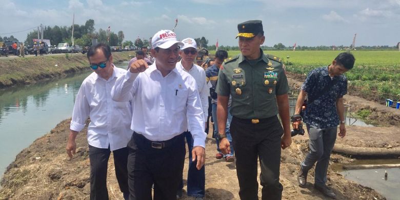 Menteri Pertanian Andi Amran Sulaiman saat mengecek kesiapan pilot pengembangan lahan rawa di Desa Jejangkit, Kecamatan Jejangkit, Kabupaten Barito Kuala, Kalimantan Selatan, Selasa (16/10/2018).