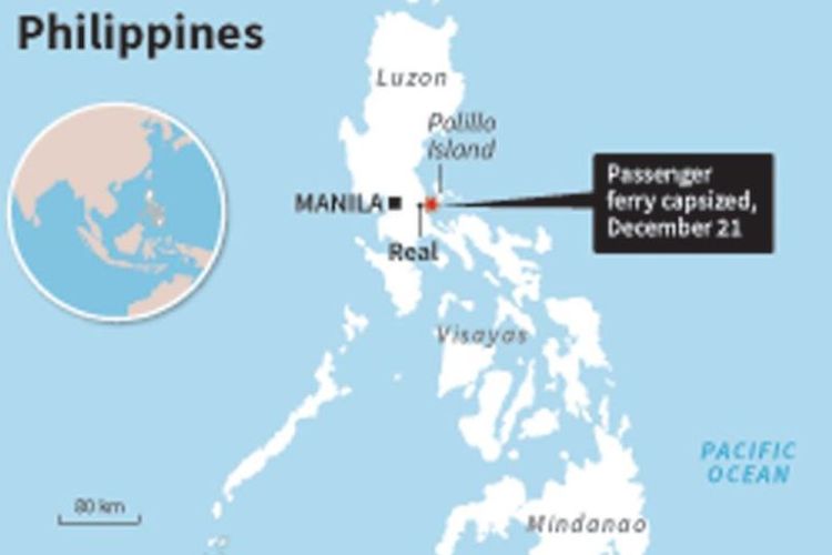 Lokasi kapal terbalik yang mengangkut 251 penumpang di perairan Filipina, antara kota Real dengan pulau Palillo, Kamis (21/12/2017).