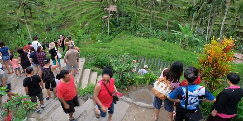 Wisatawan mancanegara menikmati keindahan terasering sawah di obyek wisata Ceking Terrace, Gianyar, Bali, Jumat (28/12/2018). Obyek wisata di Bali kini padat pengunjung karena liburan panjang Hari Natal, Hari Galungan dan Kuningan serta tahun baru, sehingga ditargetkan memberi dampak positif setelah sempat anjlok tahun lalu akibat erupsi Gunung Agung.  