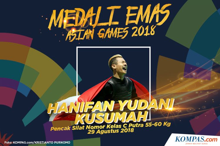Pesilat putra Indonesia, Hanifan Yudani Kusuma meluapkan kegembiraan setelah berhasil meraih medali emas pada partai final nomor kelas C putra 55 kg sampai 60 kg Asian Games 2018 di Padepokan Pencak Silat, TMII, Jakarta, Rabu (29/8/2018).