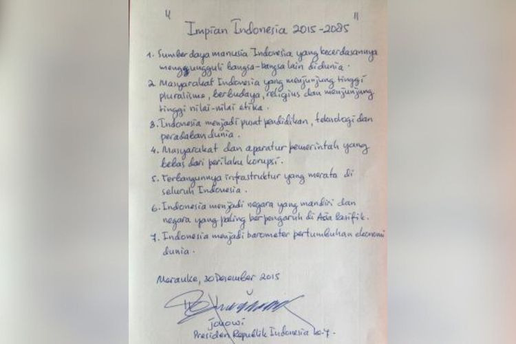 7 impian Indonesia 2015-2085 yang ditulis oleh Jokowi. 
