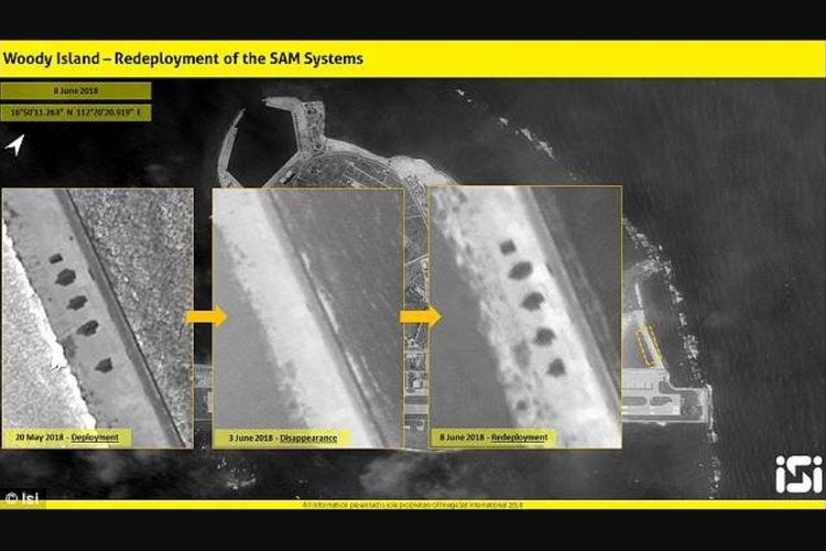 Foto citraan satelit dari atas Pulau Woody di perairan Laut China Selatan yang diambil dalam tiga waktu yang berbeda, menunjukkan adanya penempatan kembali sistem peluncur rudal mereka setelah sempat ditarik.