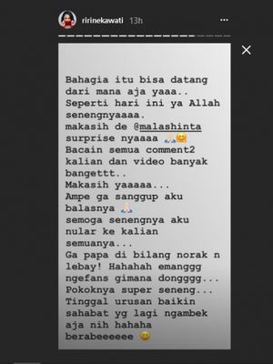 Artis peran Ririn Ekawati menulis status tentang pertemuannya dengan sang idola, Iqbaal Ramadhan.