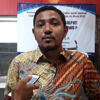Peneliti LSI Ikrama Masloman dalam jumpa pers di Kantor LSI, Jakarta, Selasa (19/3/2019).