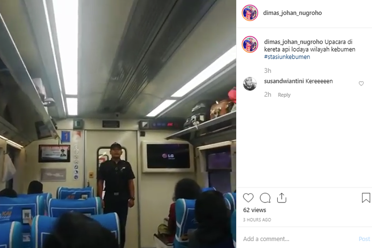 Tangkap layar video upacara dan menyanyikan lagu Indonesia Raya di atas KA yang diunggah seorang pengguna Instagram, Sabtu (17/8/2019)