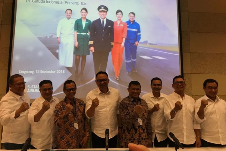 Direksi PT Garuda Indonesia (Persero) Tbk usai Rapat Umum Pemegang Saham Luar Biasa, Rabu (12/9/2018). 