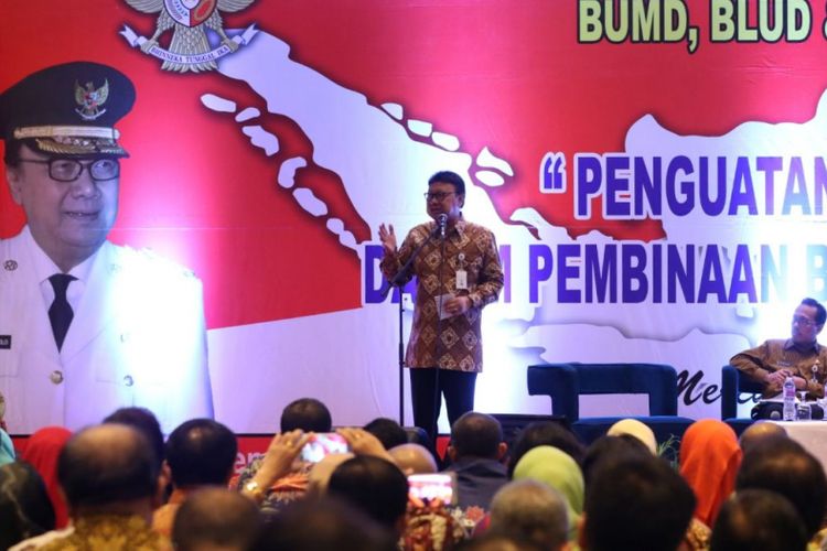 Menteri Dalam Negeri Tjahjo Kumolo dalam Rakornas Ditjen Bina Keuangan Daerah yang digelar di Hotel Mercure Ancol, Jakarta Utara, Kamis (19/10/2017).