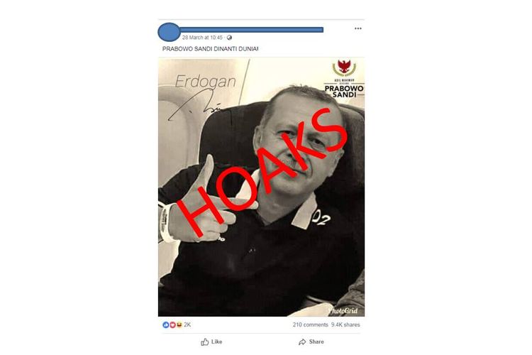 Hoaks foto Presiden Turki, Recep Tayyip Erdo?an, tengah berpose dua jari yang dipandang mendukung paslon nomor urut 02, Prabowo-Sandiaga.
