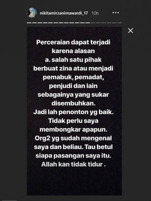 Status Instagram Story Nikita Mirzani berbicara tentang penyebab perceraian, Selasa (17/7/2018).