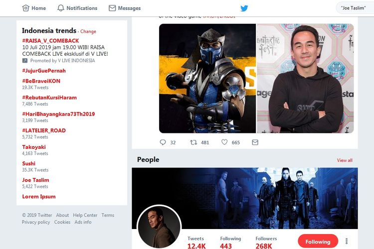 Aktor laga Joe Taslim masuk trending topic di Twitter. Joe Taslim baru saja diketahui bakal memerankan Sub-Zero di film Mortal Kombat.