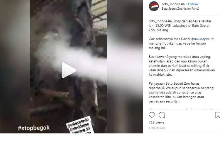 Kasus pengunjung Batu Secret Zoo menyemburkan asap vape ke primata hingga tersedak menjadi viral di media sosial, Senin (30/7/2018)