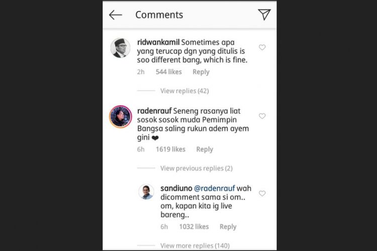 Komentar di Instagram Sandiaga Uno, dari Ridwan Kamil dan netizen, saat ia mengunggah foto menggunakan keterangan berbahasa Anak Jaksel, Sabtu (15/9/2018).