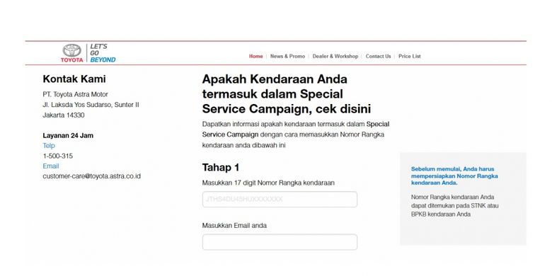 Gambar halaman muka situs Toyota Astra Motor Special Service Campaign yang sederhana untuk memudahkan para pengguna Toyota melakukan pengecekan menggunakan nomor rangka mobil mereka. 