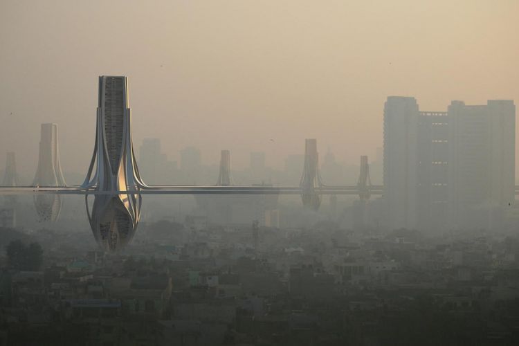 Ilustrasi dari menara penyaring raksasa yang diusulkan perusahaan arsitektur Znera di India untuk membersihkan kota dari polusi udara.