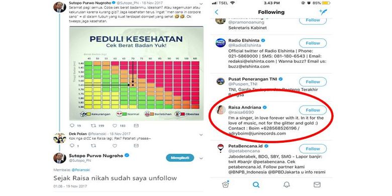 Twit Sutopo menyebut akun twitter Raisa, 19 November 2017