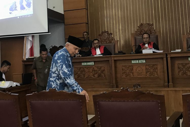 Ketua Dewan Kehormatan Partai Amanat Nasional (PAN) Amien Rais sebagai saksi persidangan hoaks Ratna Sarumpaet, Kamis (4/4/2019). 