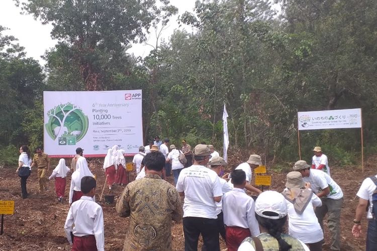 Penanaman pohon di kawan hutan konservasi Giam Siak Kecil, Kabupaten Siak, Riau, Selasa (3/9/2019).