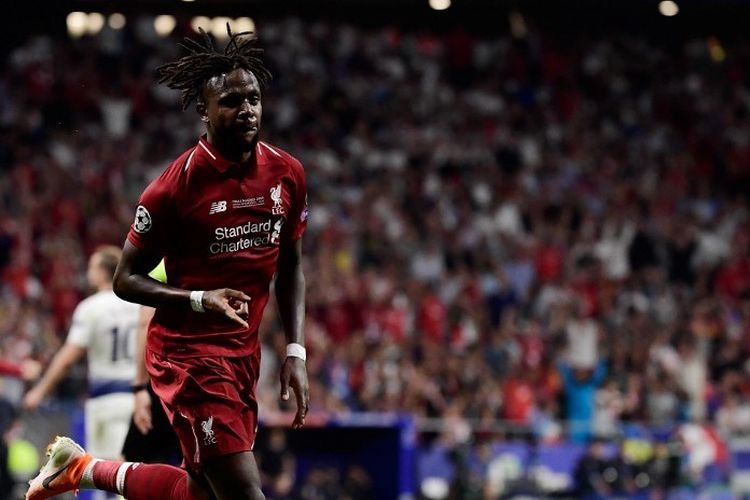 Divock Origi merayakan golnya pada laga Tottenham Hotspur vs Liverpool dalam final Liga Champions di Stadion Wanda Metropolitano, 1 Juni 2019. 