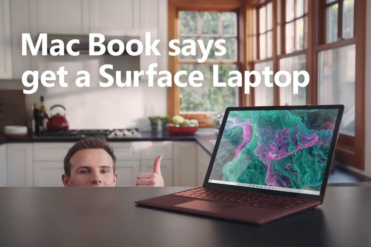 Ilustrasi iklan Microsoft Surface dengan bintang bernama MacBook