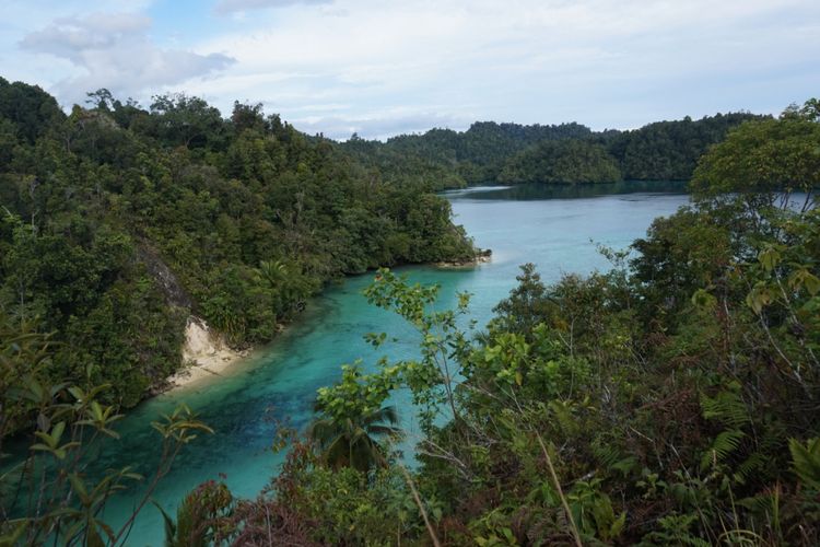 Teluk Sarawondori dengan air berwarna biru toska di Kabupaten Kepulauan Yapen, Papua, Minggu (19/8/2018).