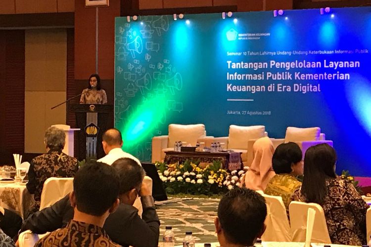 Menteri Keuangan Sri Mulyani Indrawati saat memberi keynote speech pada acara Tantangan Pengelolaan Layanan Informasi Publik Kementerian Keuangan di Era Digital, Senin (27/8/2018).