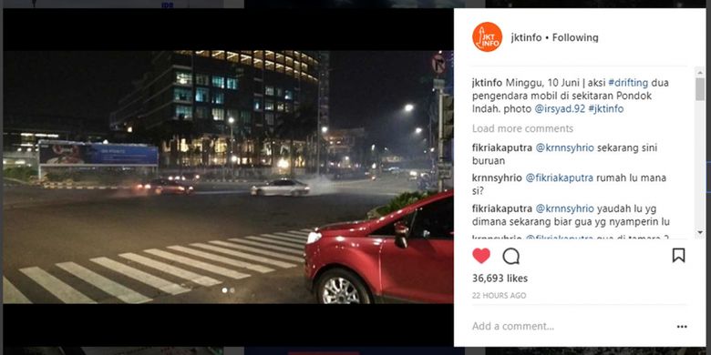 Viral aksi drifting di perempatan Pondok Indah, Jakarta Selatan, Minggu (10/6/2018)