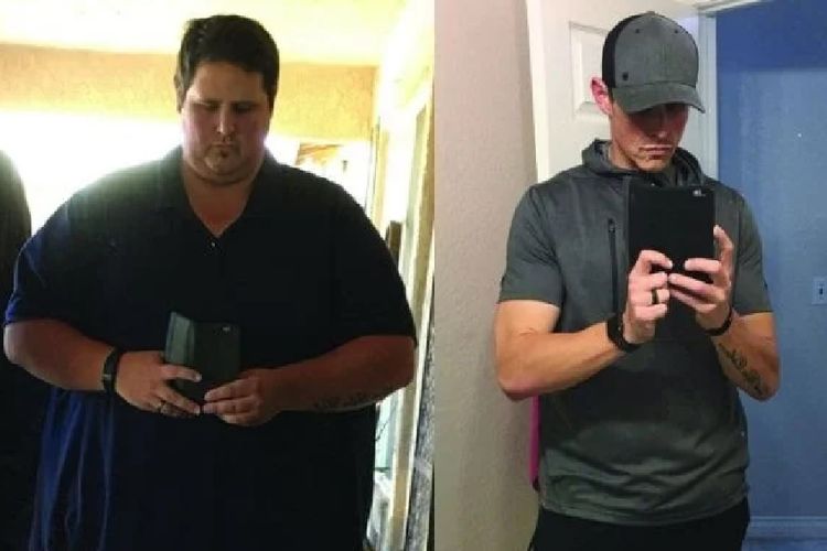 Dustin Hall saat menyentuh bobot terberat 243 kilogram (kiri) dan saat sudah mendapat berat badan ideal.